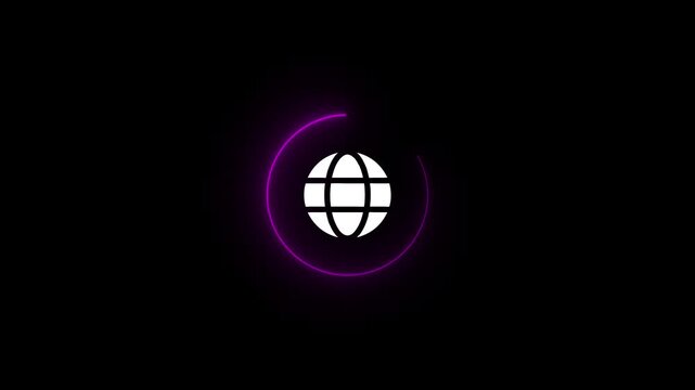 Animated purple neon global network globe icon with rotating progress circle lower third video graphic element .