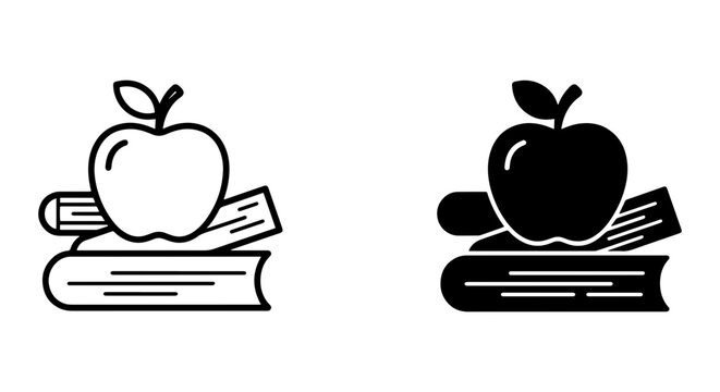 Apple on Books Icon Set, Education Knowledge Symbol, Learning Wisdom Vector