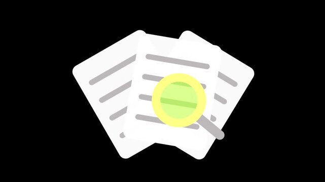 Animated multiple documents paper stack with magnifying glass file search graphic lower third overlay 4k animation.