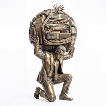 Business man copper statue carrying heavy technology sphere