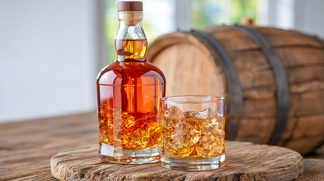 Elegant amber whiskey bottle and tumbler filled with ice positioned on a rustic oak barrel, bright minimalist background, soft balanced lighting, detailed glass reflections and warm spirit tones, lu