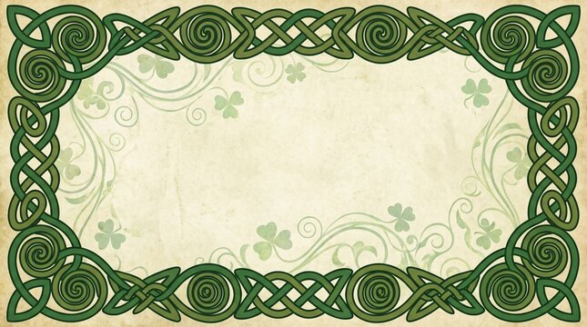 Green Celtic knot border design for Saint Patrick's Day and traditional Irish themed backgrounds