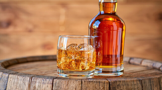 Elegant amber whiskey bottle and tumbler filled with ice positioned on a rustic oak barrel, bright minimalist background, soft balanced lighting, detailed glass reflections and warm spirit tones, lu