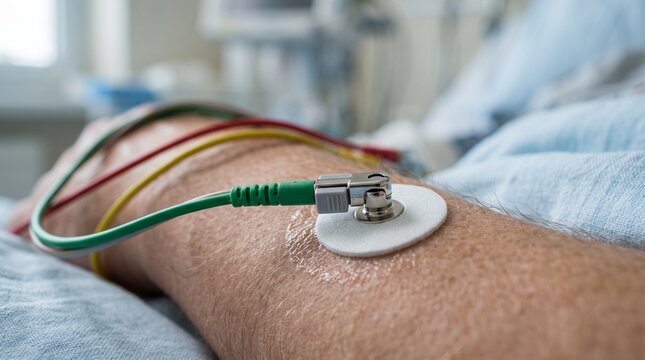 ECG electrodes attached to patient arm in a hospital room