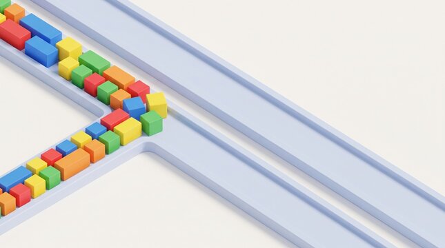 Isometric Colored Block Track Merging Into Parallel Grey Lanes as a System Integration Metaphor