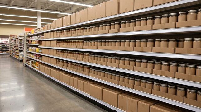 A Fully Stocked Supermarket Aisle Of Plain Unbranded Jars And Boxes Showing Retail Pricing Uncertainty