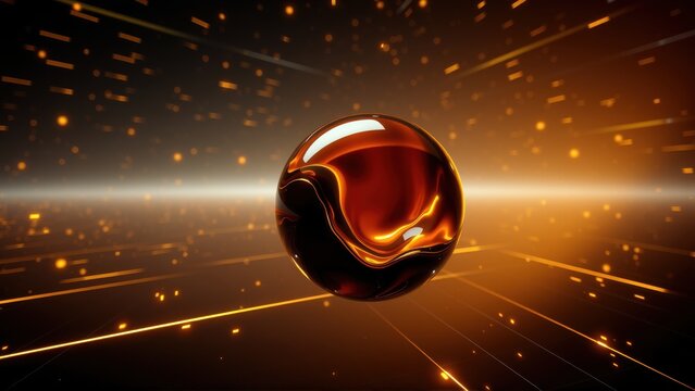 Glossy sphere floats amid radiant lines, warm tones dominate composition. Abstract digital art evokes energy, depth.