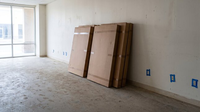 Three Unopened Flat Pack Cartons Leaning Against A Bare Wall In An Empty Unit Showing A Stalled Fit Out