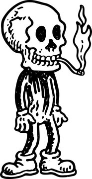 Cartoon Skeleton Smoking Cigarette in Big Boots, Retro Rubber Hose Style Ink Illustration
