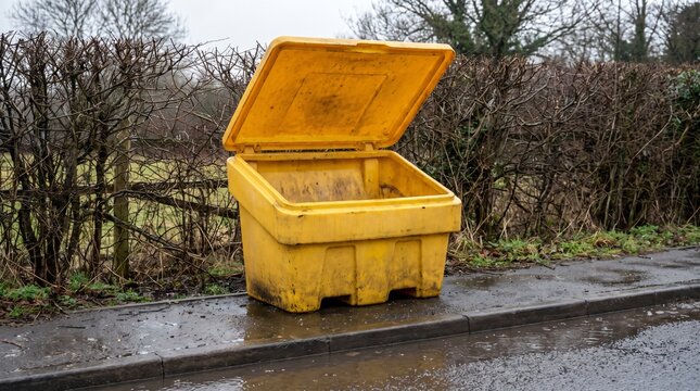 Empty Yellow Grit Bin With Its Lid Propped Open as an Unprepared for Winter Metaphor