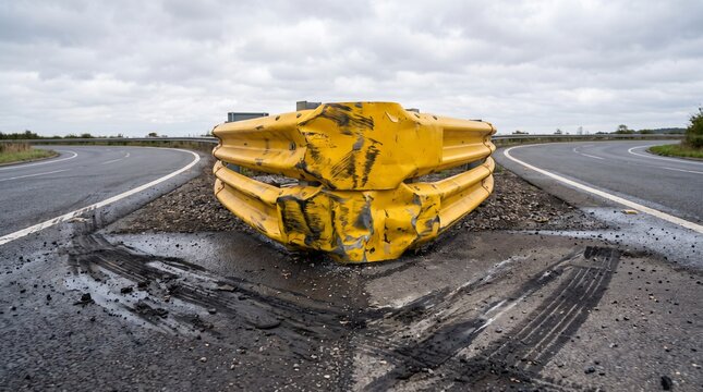 Damage Limitation: Crushed Yellow Crash Cushion at a Road Junction Nose