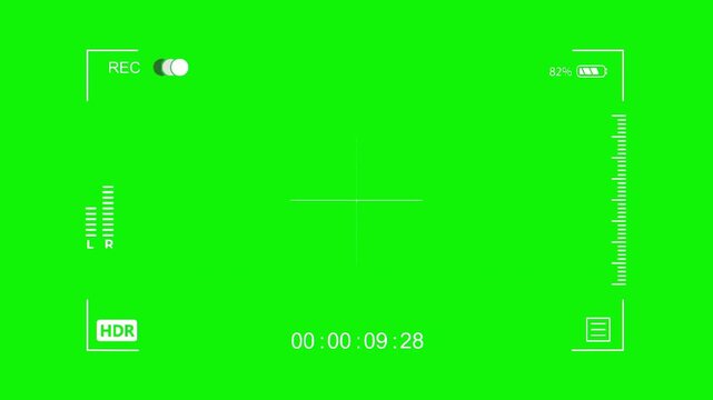 Camera recording HUD combines a wide frame, center focus circle, timer, level marks, and interface symbols across a green screen for video design. Built for recording graphics and screen inserts.