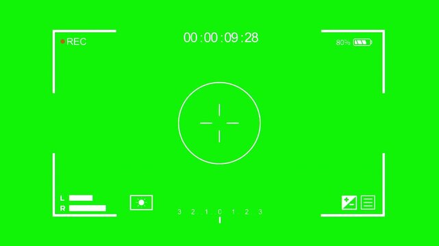 Camera viewfinder recording overlay uses a large round crosshair at center, with framing guides and lower controls surrounding the green capture area. Built for visual effects and screen inserts.