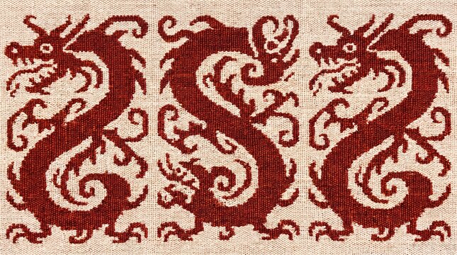 Handwoven Iban Pua Kumbu Cloth Showing Bold Stylised Dragon Motifs in Deep Red
