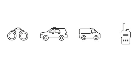 Police patrol car and van line icon, criminal arrest handcuffs symbol, emergency walkie talkie radio communication device, law enforcement service linear vector © Nobi