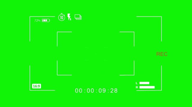 Camera recording HUD combines split focus brackets, top status icons, a lower timer, and side level marks over a horizontal green screen. Designed for viewfinder graphics and presentation design.