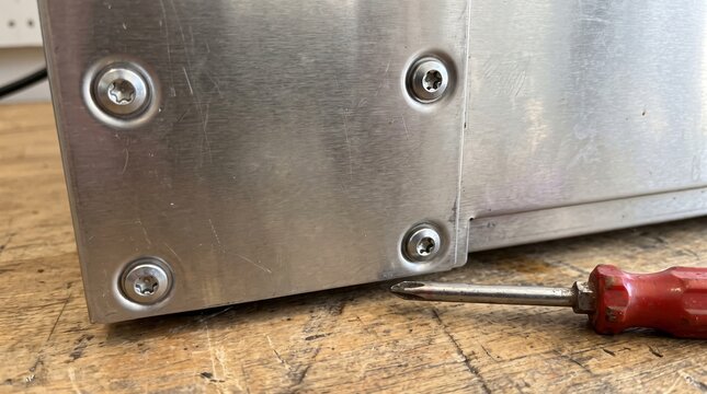 Right to Repair Concept, Screwdriver Failing to Fit the Security Screws on an Appliance Panel