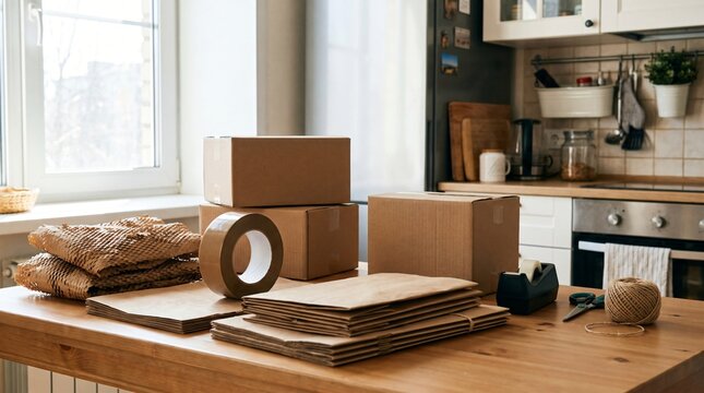 Kitchen Table Packing Station With Boxes and Tape as a Side Hustle Metaphor