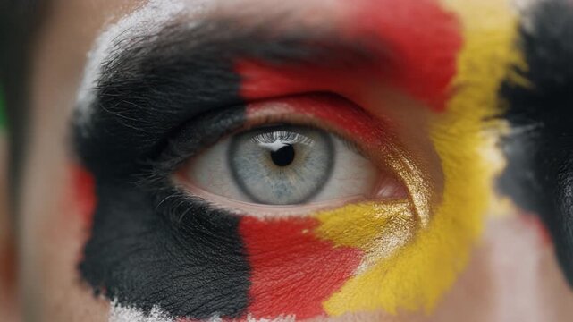 Extreme macro photorealistic footage of a fictional adult male football supporter's eye, light gray iris with German flag face paint
