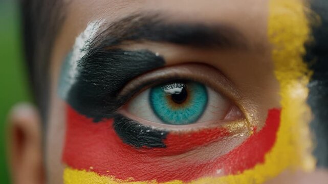 Extreme macro photorealistic footage of a fictional adult male football supporter's eye, bright cyan iris with German flag face paint