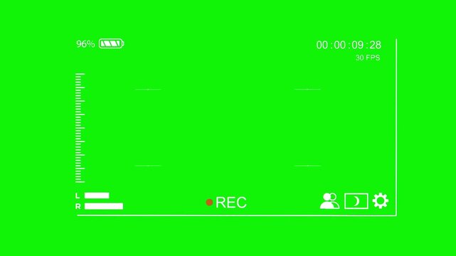 Camera viewfinder overlay places REC status and several control icons around a wide green screen, with open frame guides and a side level display. Built for scene transitions and camera overlays.