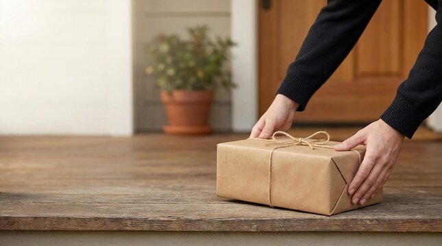 Person placing a brown paper wrapped package on a wooden porch
