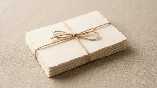 Stack of off-white handmade paper tied with natural jute twine bow