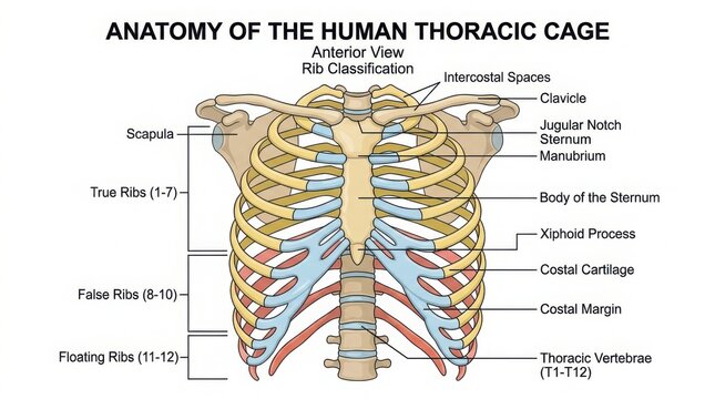 Anatomy diagram of the human thoracic cage and rib system illustration
