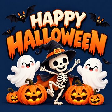 Happy Halloween greeting with cute skeleton ghost and pumpkin characters