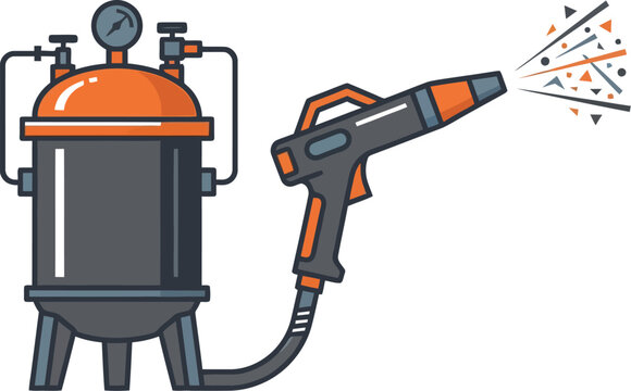 sandblasting and equipment tools icon, vector illustration featuring abrasive blasting machinery, industrial cleaning devices, surface preparation, workshop equipment, construction tools, and maintena
