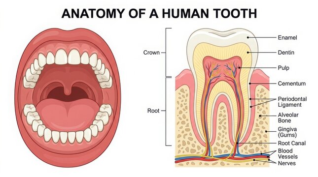 Educational diagram showing anatomy of a human tooth illustration
