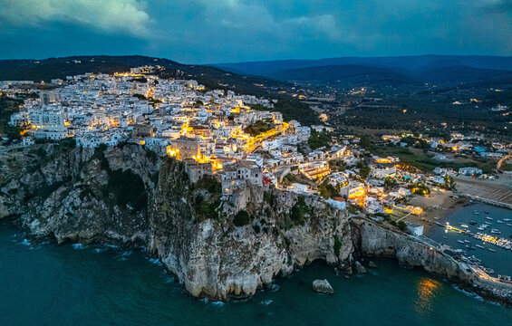 Aerial view of Peschici in the province of Foggia, Apulia, Italy