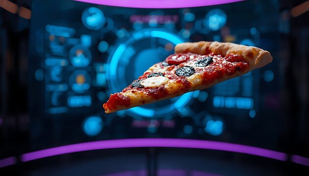 Slice of hot pizza floating in futuristic digital interface screen.