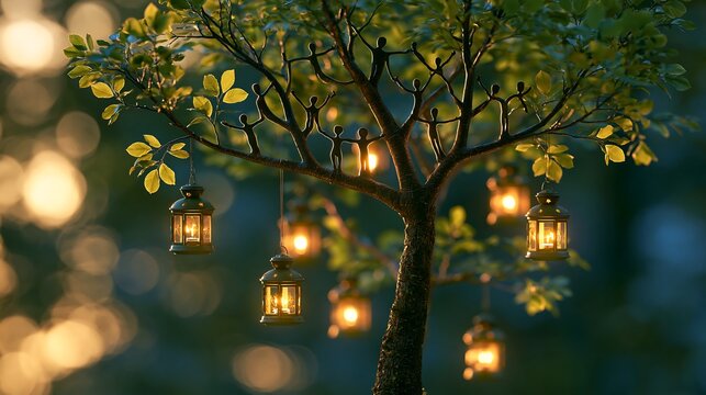Enchanted tree with small human silhouettes holding hands and glowing lanterns