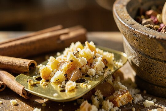 Fresh Grated Nutmeg and Cinnamon Bark in Wooden Mortar Tactile Macro