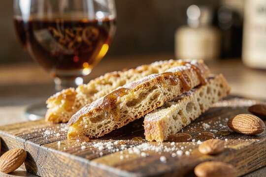 Twice Baked Italian Almond Cantucci Biscotti on Wood Board Tactile