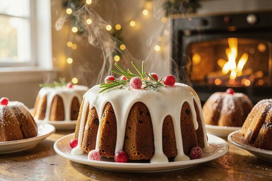 Holiday Spiced Bundt Cake with Glaze and Sugared Cranberries in Warm