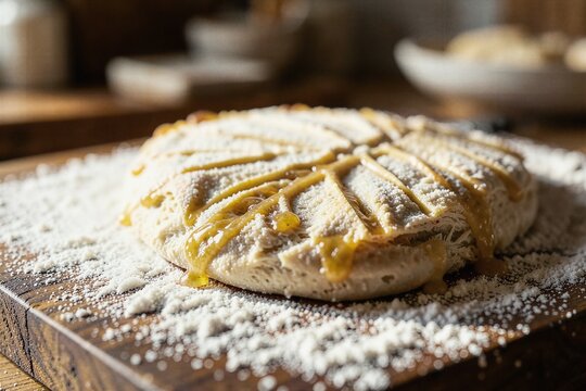 Artisan Sourdough Dough with Wheat Stalk Razor Scoring Tactile Macro