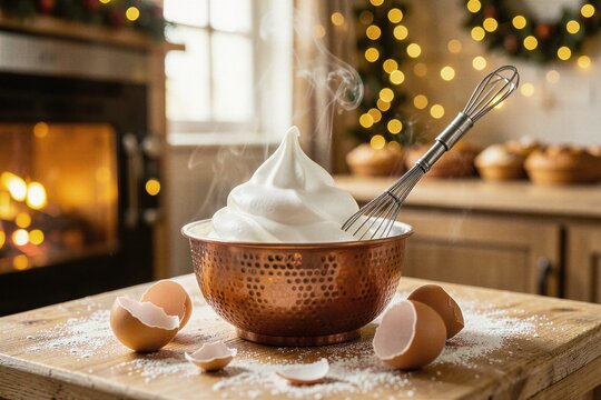 Glossy Meringue Peaks in Hammered Copper Bowl with Whisk in Warm