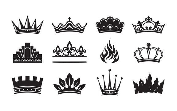 Creative array of black crown silhouette icons for versatile graphic design applications.