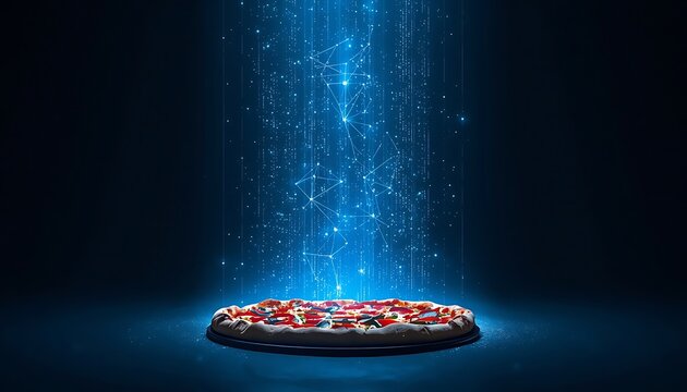 Pizza with glowing digital data streams descending onto dark background.