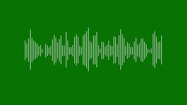 Audio visualizer animation, sound wave spectrum equalizer, white frequency bars, music waveform signal, digital audio meter display, Sound waveform spectrum animation on green background.4k