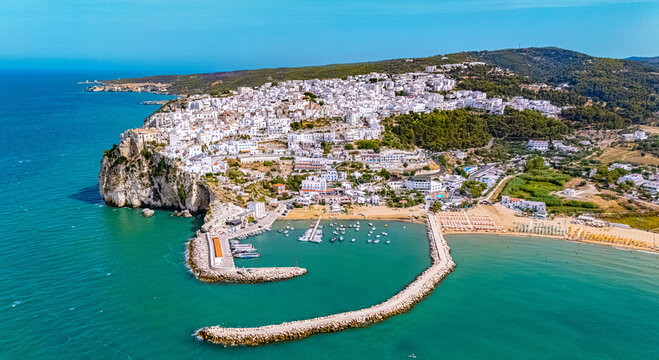 Aerial view of Peschici in the province of Foggia, Apulia, Italy