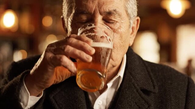 Ultra Cinematic Close-Up of Senior Man in Tweed Jacket Drinking Beer, Direct Gaze