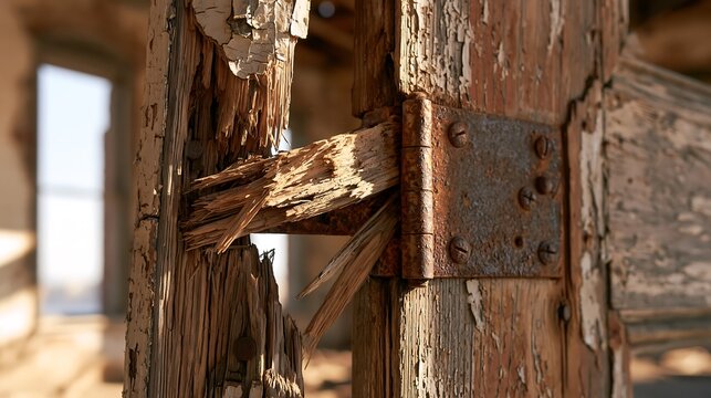 Broken wooden door hinge with rusted metal hardware in an abandoned building