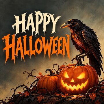 Happy Halloween text with a black raven perched on a glowing jack o lantern