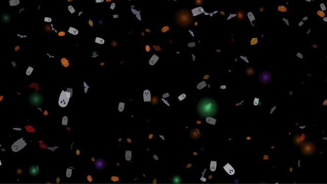 Halloween confetti pattern with ghosts and pumpkins on black background
