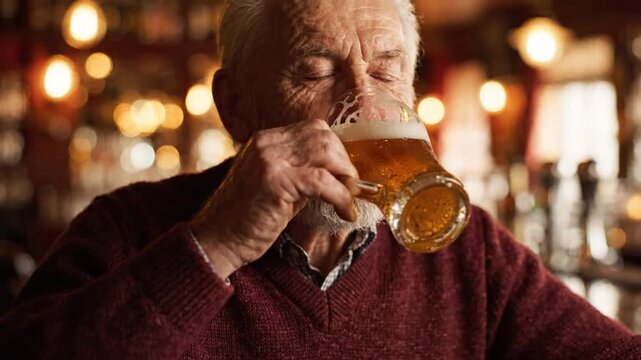 Ultra Cinematic Close-Up of Elderly Man Sipping Beer Mug with Eyes Closed