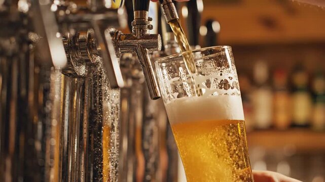 Cinematic 4K Close-Up of Row of Chrome Beer Taps with Foamy Glass in Frame