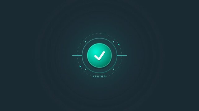 Modern digital verification checkmark icon representing successful completion and confirmed status in a sleek user interface design on a dark background, perfect for technology and web applications